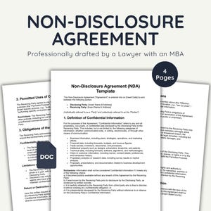 Könnte beinhalten: Eine Vorlage für eine Geheimhaltungsvereinbarung (NDA), professionell erstellt von einem Anwalt mit MBA. Das Dokument wird auf vier Seiten angezeigt, mit dem Text "Non-Disclosure Agreement (NDA) Template" sichtbar. Ein DOC-Dateisymbol ist ebenfalls vorhanden.