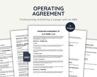 LLC Operating Agreement Template: Attorney-Drafted Legal Contract (Word Doc Digital Download