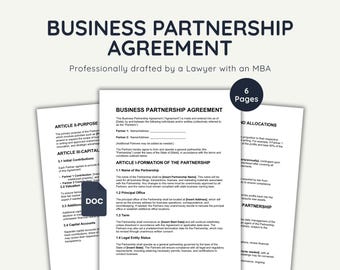 Business Partnership Agreement Template, Editable Word Contract, Legal Form for Partners, Lawyer-Drafted, Instant Download
