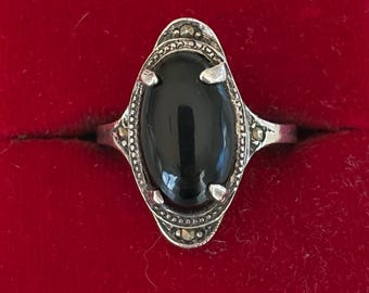 Art Deco Onyx Markasit Ring Sterling Silber Vintage Cocktail Statement