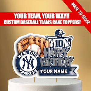 Adorno imprimible para tarta de cumpleaños de béisbol: elige tu equipo, nombre y edad personalizados. Decoración para fiesta de béisbol. Archivo de descarga digital.