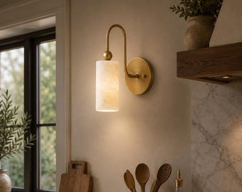 Curved Brass Alabaster Handmade Shade Wall Lamp | Cylinder Modern Vanity Lamp