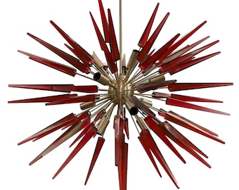 Sputnik Handmade 1950's Mid Century Murano Glass red Cube Sputnik  Modern Brass Chandelier