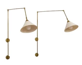 Pair Italian Brass Swing Arm Wall Lamps – Mid Century Stilnovo Sconces with Ecru Shades