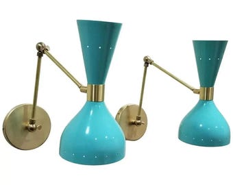 Mid Century Italian Diabolo Raw Brass Wall Sconce - Adjustable Lamp Pair