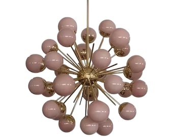 Stilnovo Style Brass Pink Glass Ball 1950's Chandelier Light Italian Sputnik Chandelier Lamp Lighting