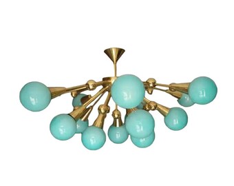 Handmade Stilnovo Sputnik Chandelier: Brass Urchin with Aqua Glass
