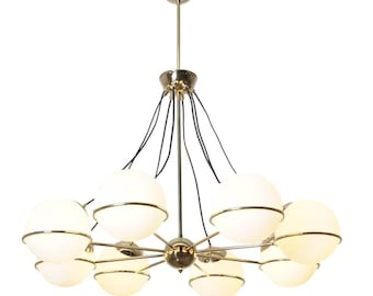 Large 8 Glass Milky White Antlia Globe Brass Sputnik Vintage Chandelier Mid Century Fixture