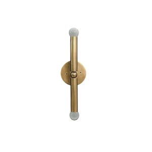 May include: A brass-toned wall sconce with a vertical design. It features a circular base with a central fixture and two parallel, cylindrical arms extending upwards and downwards. Each arm has a small, round, frosted glass bulb at the end.