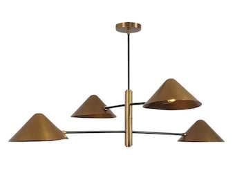 Sputnik Handmade Linear Brass Four Shade With Raw Brass Ceiling Pendant Chandelier Light Fixture