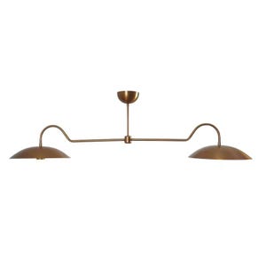 May include: A brass-toned, two-light pendant light. It features a central stem with a horizontal bar extending outwards. Each end of the bar has a curved arm supporting a circular shade. The light fixture is designed for ceiling installation.