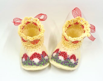 Felt baby booties, needle felted crib shoes for newborn, heirloom baby booties, woodland, toadstools, mushroom baby booties