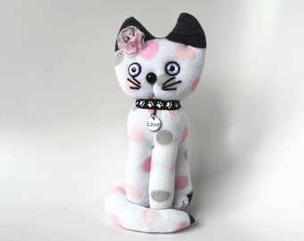 Handmade Sock Cat Doll, Polkadot Kitty, Nursery Decor