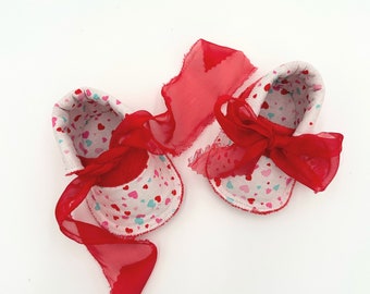 Newborn wool felt and fabric baby booties, soft crib booties, with handmade gift bag, valentine baby booties