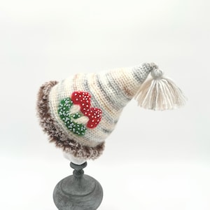 Crocheted and needle felted pixie hat for newborn to 6 month baby, woodland baby hat, toadstool, mushroom, photo prop