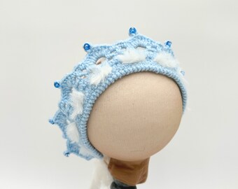 Crocheted blue crown, tiara, newborn to 6 month old, sequins, glass beads, blue white, boy crown, hairband, headband