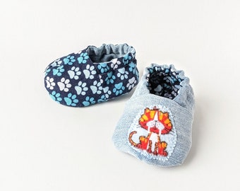 Reversible Denim Baby Booties: Kitty Cat & Paw Prints, Newborn to 3 Months