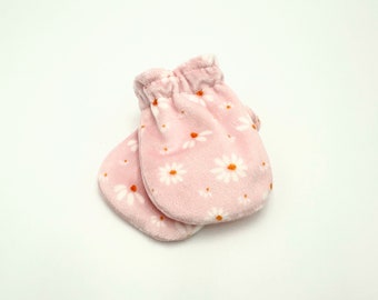 Reversible Minky Baby Mittens: Pink Daisy Muslin, Newborn to 6 Months
