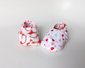 Newborn reversible baseball and hearts baby booties, soft crib booties, with handmade gift bag