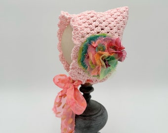 Crocheted baby fairy pixie bonnet, soft pink cotton bamboo yarn, summer bonnet, spring baby hat, OOAK baby gift, 3-6 month old