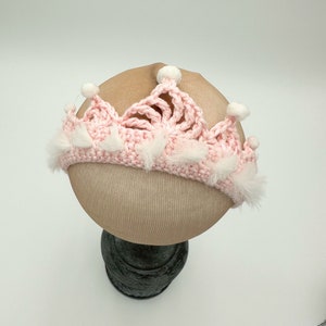 Crocheted pink crown headband, tiara, newborn to 6 month old, pink white image 8