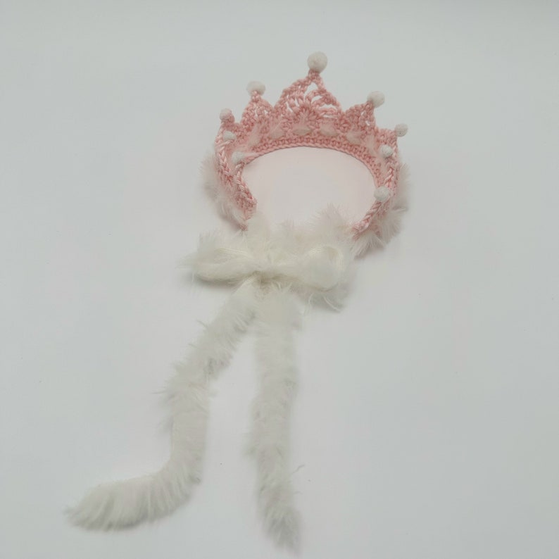 Crocheted pink crown headband, tiara, newborn to 6 month old, pink white image 2