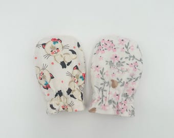 Reversible Baby Mittens (6-12 Mos): Kittens, Birds & Cherry Blossoms