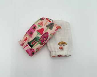 No-scratch Baby Mittens: Reversible, cotton and double gauze fabrics, Mushroom Design (Newborn to 6 Months), toadstools