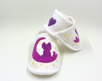Wool needle felted embroidered newborn baby shoes, cat on the moon, stars, white purple