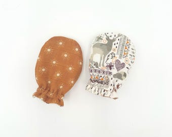 Reversible Flannel Baby Mittens: Forest Animals & Ochre Gauze