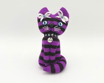 Sweet soft kitty cat sock doll, striped kitty, purple black white