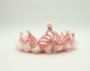 Crocheted pink crown headband, tiara, newborn to 6 month old, pink white