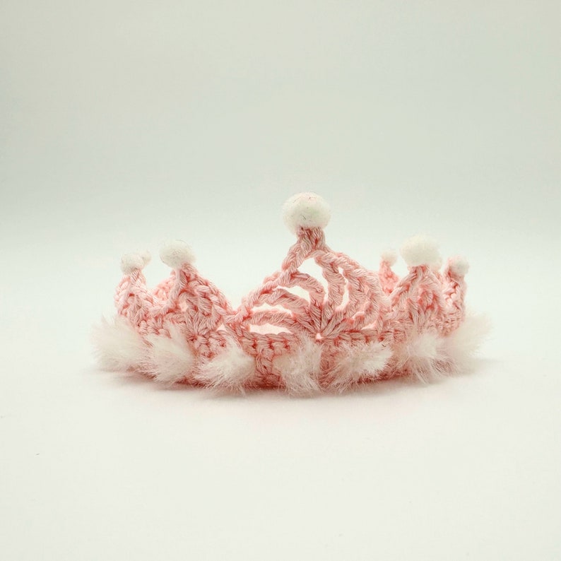 Crocheted pink crown headband, tiara, newborn to 6 month old, pink white image 1