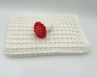 Crocheted baby blanket and mushroom baby rattler gift set