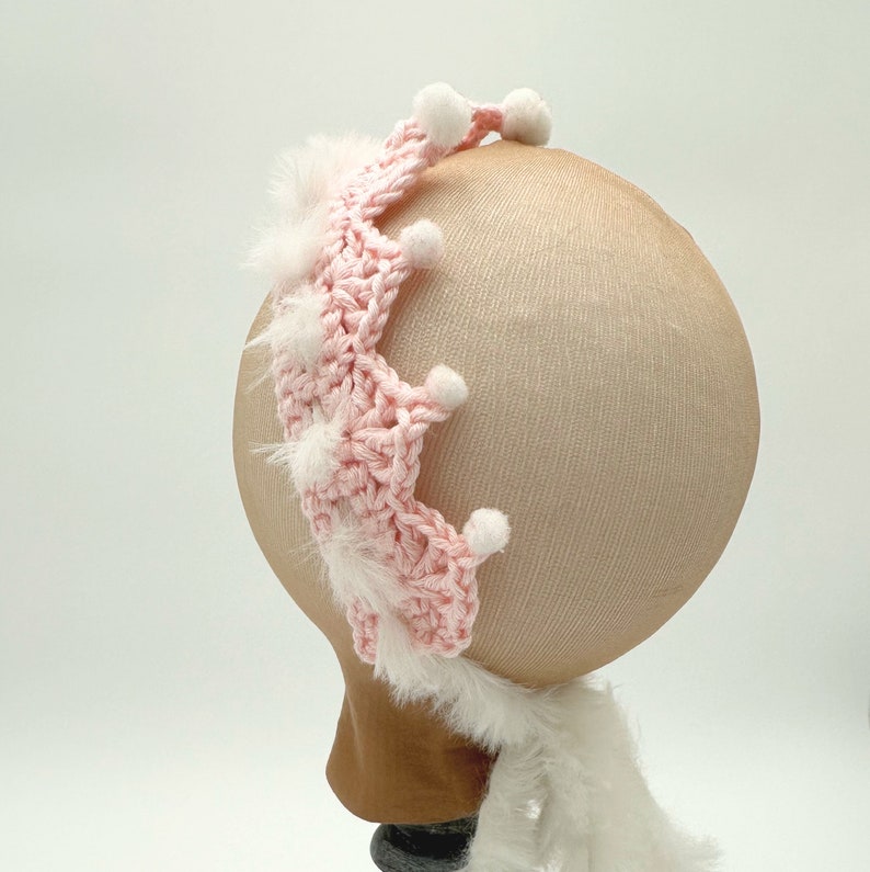Crocheted pink crown headband, tiara, newborn to 6 month old, pink white image 9