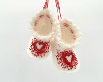 Felted Wool Heart Baby Booties: Embroidered Newborn Gift, Valentine crib shoes