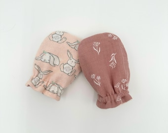 Reversible Easter Baby Mittens: Floral Bunny Flannel, Newborn to 6 Mos