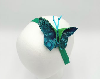Fabric origami butterfly hairband, Teenager or adult, blue green batik fabric