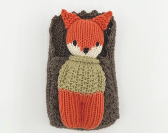 Hand Knit Cotton Fox Pocket Doll with Sleeping Bag