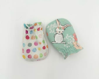 Reversible Bunny Baby Mittens: Easter Bunny, Flannel & Cotton, Newborn to 6 Months