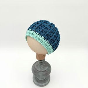 Cotton Bamboo Baby Beanie: Blue Green Waffle Stitch, Newborn to 3 Months