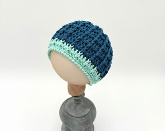 Eco friendly cotton & bamboo beanie, newborn to 3 month old, gender neutral, eco friendly, skull cap, organic, blue green, waffle stitch