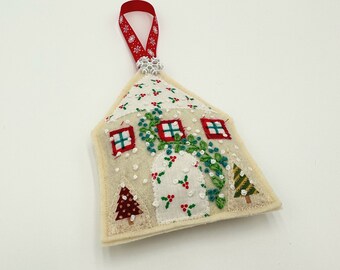 Felt house ornament lavender sachet, tree ornament, embroidered pincushion, Christmas ornament