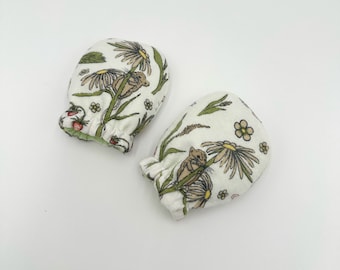 Reversible Newborn Mittens: Woodland Mice, Strawberries, Cotton Flannel