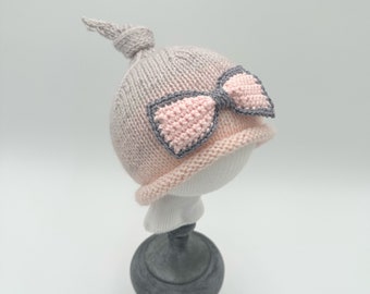 Knitted top knot newborn to 3 month old baby hat, pink grey silver