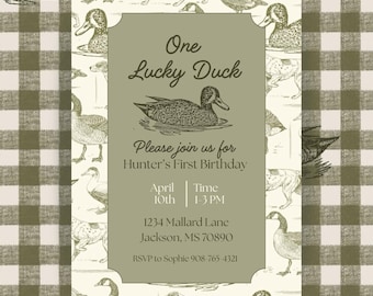 One Lucky Duck Birthday Invitation , First Birthday Party , Duck Theme Invite, 1st Birthday, Birthday Template, Gender Neutral, Lucky Duck