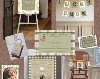 One Lucky Duck Birthday Bundle , First Birthday Party , Duck Theme Invite, 1st Birthday, Birthday Template, Gender Neutral, Lucky Duck