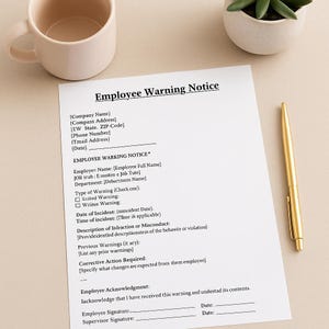 May include: A printed Employee Warning Notice on white paper with black text. The document includes fields for company information, employee details, and sections for describing the infraction, corrective actions, and acknowledgments. A gold pen rests on the paper.