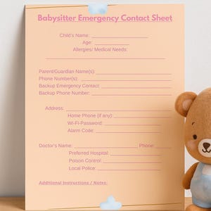 Babysitter Emergency Contact Sheet Template | Editable Printable PDF for Child Info, Emergency Numbers, and Safety Notes