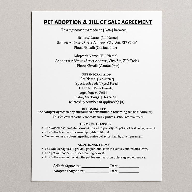 Pet Adoption and Bill of Sale Agreement Template Printable PDF